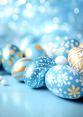 A blue and gold egg with white spots is surrounded by other eggs. The eggs are decorated with white and gold designs