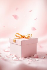 Elegant gift box with golden ribbon amidst soft pink petals, perfect for special occasions and celebrations.