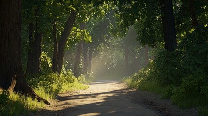 Obraz premium Serene Forest Path, Sunlight Dappled Woodland, Enchanting Forest Vista