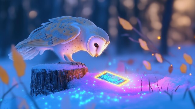 Barn Owl Observing Futuristic Glowing Interface on a Winter Forest Stump