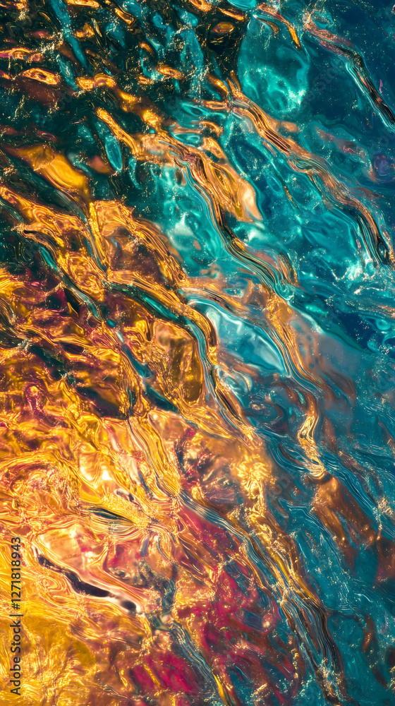 Poster metallic water surface mirroring golden, turquoise hues, forming fluid abstract patterns and textura