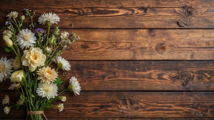 Fototapeta premium Antique Wooden Country Table with Flowers, Rustic Flat Lay Background