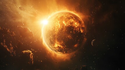 Obraz premium Fiery planet shines brightly within a vast and dark cosmos