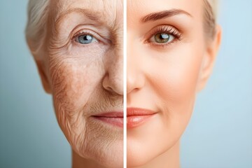 Woman's face split showing aging and rejuvenation effects. Before and after skin treatment comparison. Antiaging skincare concept 