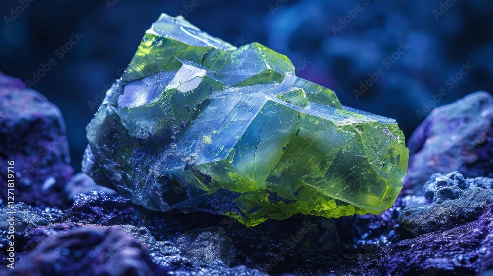 Poster a vibrant green crystal stands out against a dark, rocky background, illuminated by soft blue lighti