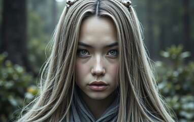 Naklejka premium Portrait of Young Woman with Blonde Hair and Hair Ornaments