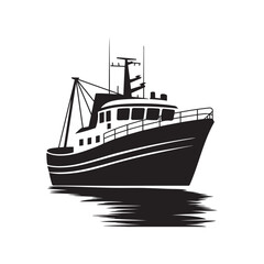 Obraz premium Fishing trawler, black and white illustration, detailed silhouette, commercial fishing boat