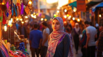 Obraz premium Woman Strolling Through a Vibrant Middle Eastern Market in Warm Sunset Light