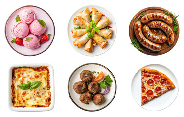 Set of many tasty and delicious foods, top view food plates collection. Grilled sausages, spring rolls, lasagna, strawberry ice cream, kofta, pepperoni pizza slice. Amazing fast food items, top view.