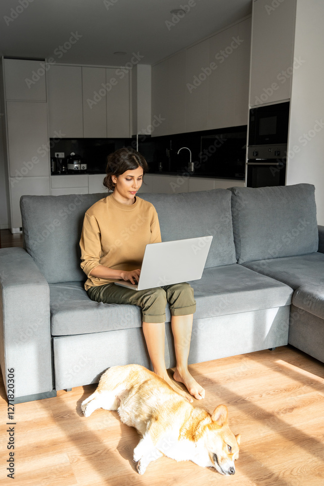 Canvas Prints Vertical portrait of young freelance business woman working on laptop pc at home remotely. Middle eastern or latin businesswoman freelancer using computer app for online remote work, sitting on sofa