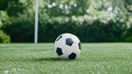 Soccer ball on green field, goalpost blurred background, kids game