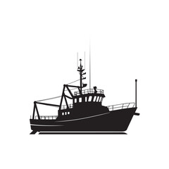 Fishing trawler, black and white illustration,  detailed silhouette, commercial fishing boat