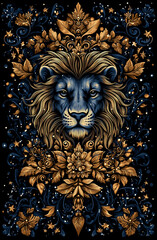 Lion with a crown of flowers on its head. The lion is looking at the camera. The flowers are gold and blue