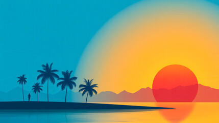 Obraz premium A vibrant sunset over a tranquil landscape featuring palm trees, reflecting warm colors on the water's surface.