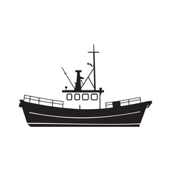 Fishing trawler, black and white illustration,  detailed silhouette, commercial fishing boat