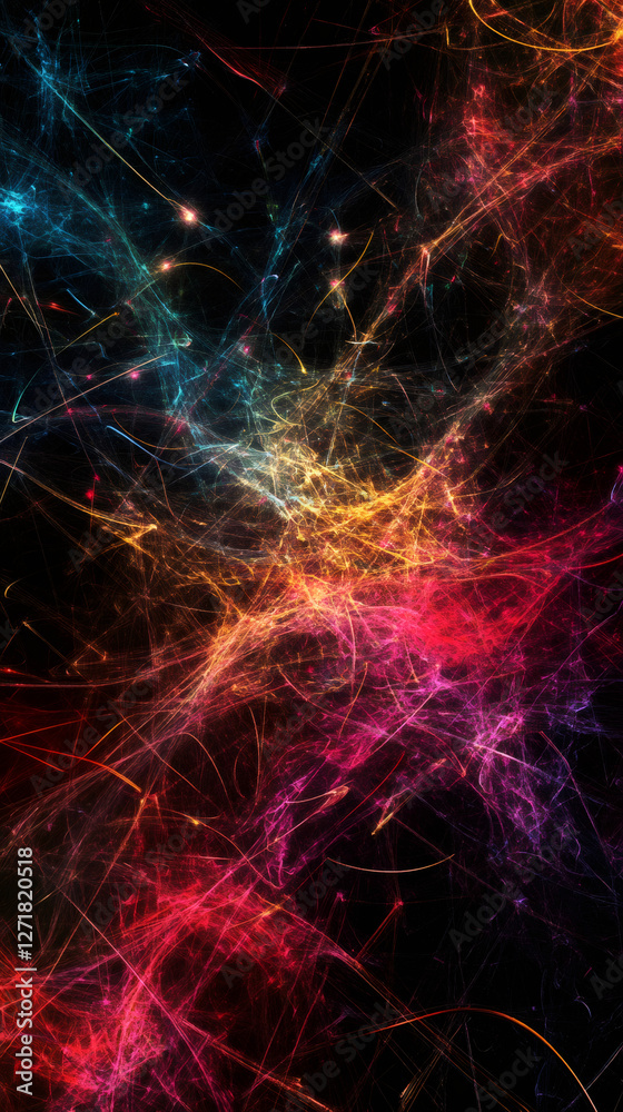 Poster Colorful lines and lights exploding and expanding in the dark creating a suggestive abstract fractal background