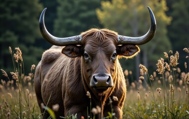 Naklejka premium Brown Bull in Field with Metallic Horn Covers