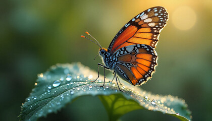 Obraz premium Close-up of monarch butterfly resting on green leaf with dew drops in soft morning light