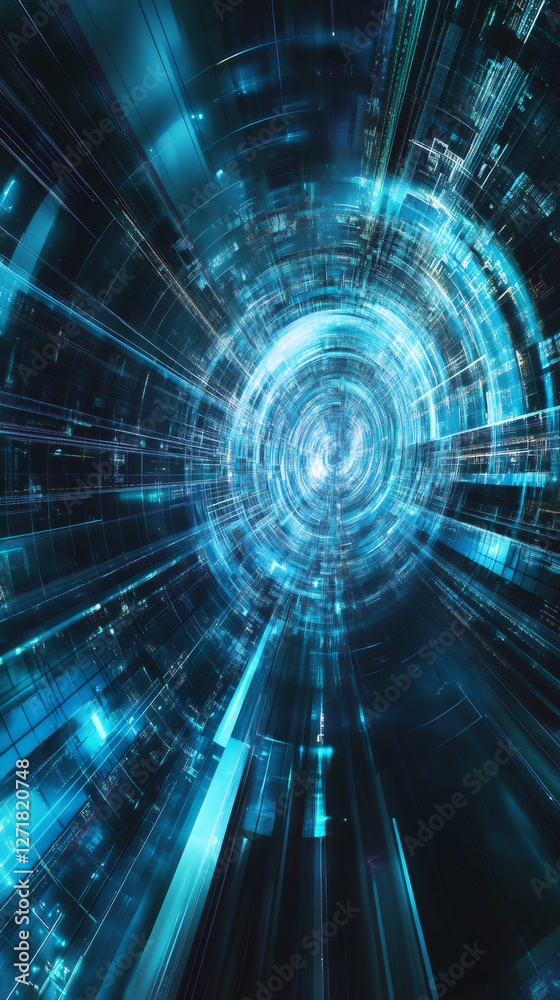 Aufkleber illuminated blue futuristic cyberspace tunnel transmitting data, featuring dynamic light trails that