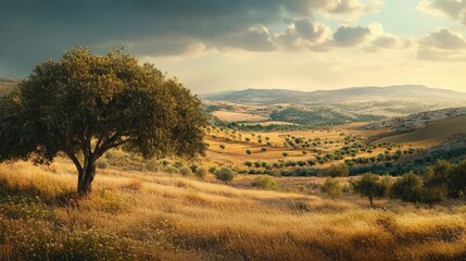 A stunning landscape of Palestine featuring rolling hills and ancient olive trees