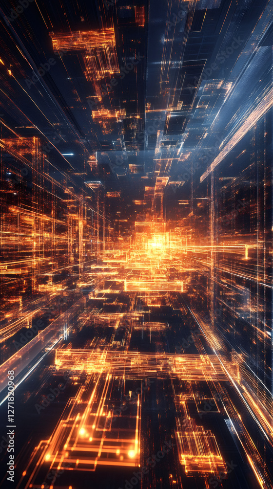Aufkleber Digital server network with luminous orange geometric shapes representing interconnected data processing and technological infrastructure