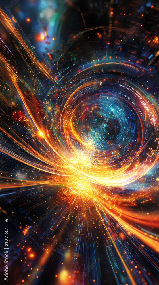 Leinwandbilder Swirling cosmic vortex with glowing energy trails and particles creating a dynamic and vibrant abstract scene