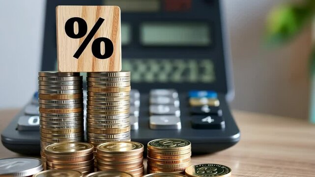 Tax season Taxation. Percent sign on wooden block, calculator, coins stack. Paperwork, financial research, report. Calculate tax return. Personal banking. Finance. Planning budget. Calculating expense