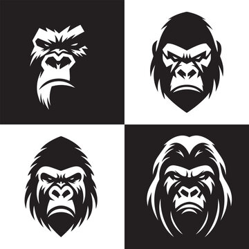 Fierce Gorilla Head Logo Set in Black and White, Stylized Gorilla Head Emblems &ndash; Bold Graphic Designs