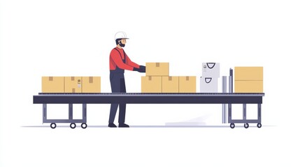 A US assembly line worker loading boxes onto a conveyor belt, isolated on a seamless white background,