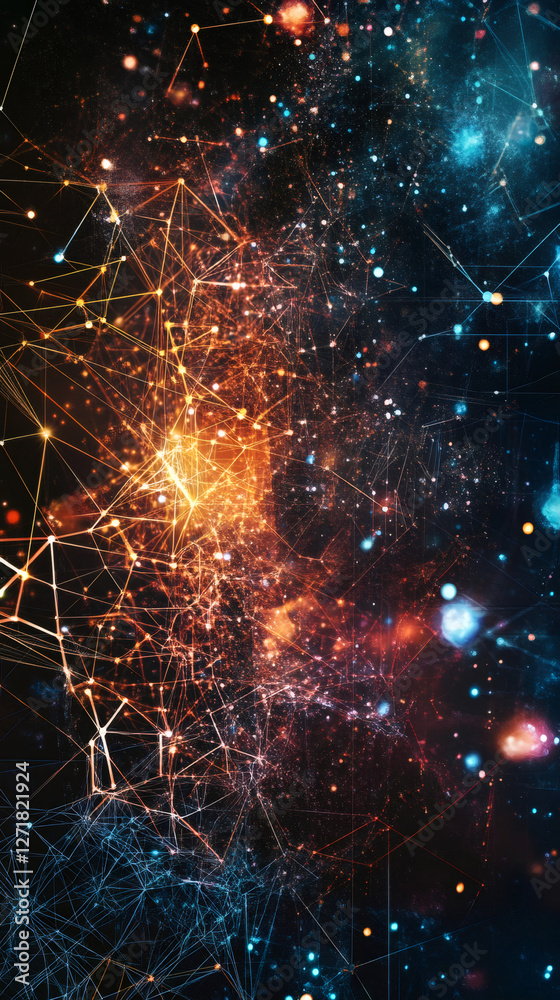 Aufkleber Vibrant data network showing interconnected digital nodes representing global communication, spreading across colorful complex technological infrastructure