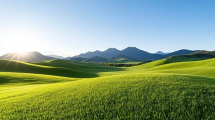 Naklejka premium Picturesque Fields Under A Clear Sky With Rolling Hills And Distant Mountains