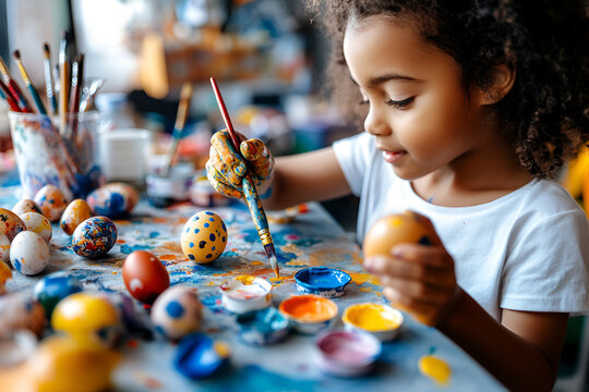 Creative young african child painting colorful easter eggs at arts and crafts table