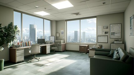 Fototapeta premium Modern Office with City View and Sunlight
