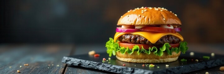 Black slate platter, cheese-laden burger, vibrant toppings, cucumber, meal, close-up