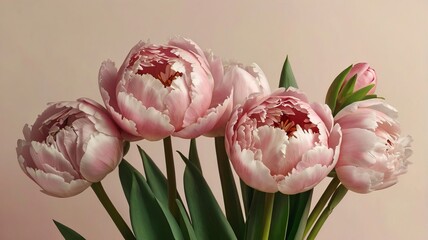 Fototapeta premium Peony Tulips on Pastel Background, Minimalist Flat Lay