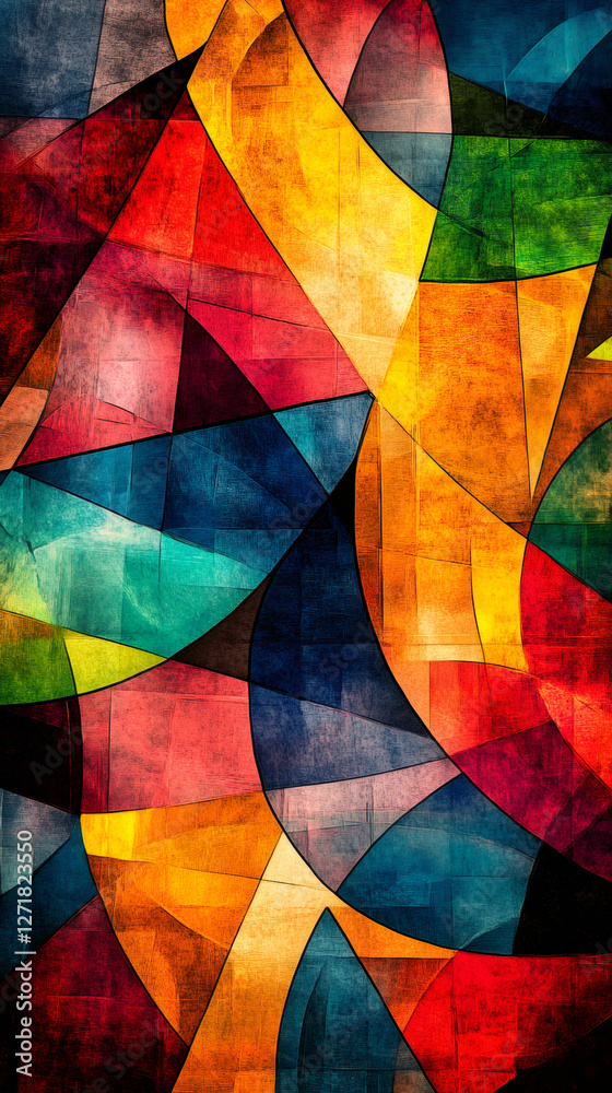 Poster Colorful geometric shapes layering into dynamic abstract design, blending textured patterns with contemporary artistic visual composition