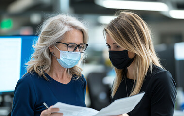 Elderly woman and young woman discussing documents while wearing face masks in office setting. atmosphere is focused and collaborative, highlighting teamwork and communication