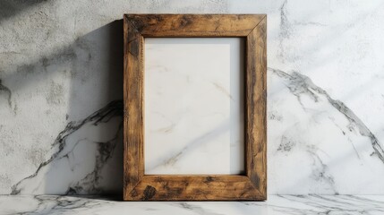 Rustic wooden picture frame on marble wall background. Premium frame template