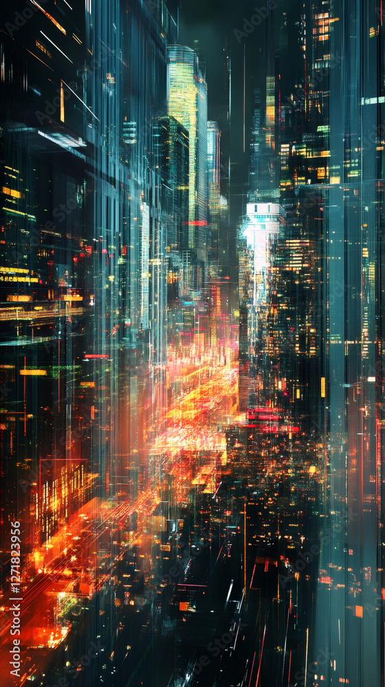 Poster light trails illuminating busy streets in a vibrant, futuristic cityscape with towering skyscrapers 