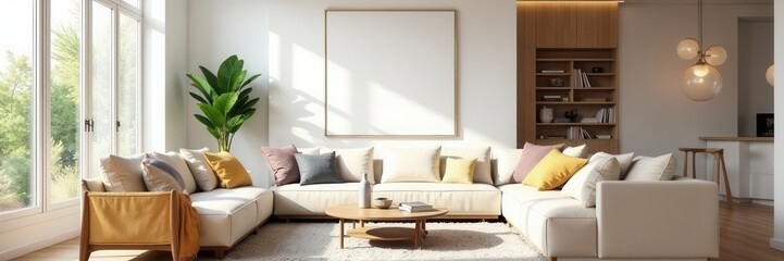 Fototapeta premium Bright living room with blank canvas, modern decor, white wall, contemporary, texture