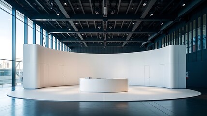 3d white stand booth for presentation event mockup. Vector promotional blank wall in room display for exhibition with table or podium. Empty expo business cube corner kiosk retail background set.