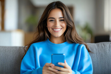 happy woman in blue sweater smiles while using her smartphone in cozy indoor setting. warm atmosphere enhances her cheerful expression