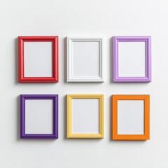 Six Colorful Empty Picture Frames Arranged on a White Textured Background Wall