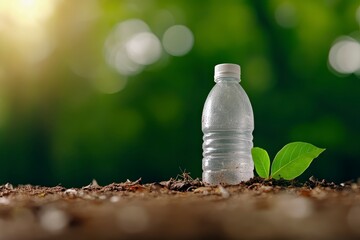 Small Clear Plastic Bottle With Sprout Growing In Soil Against Green