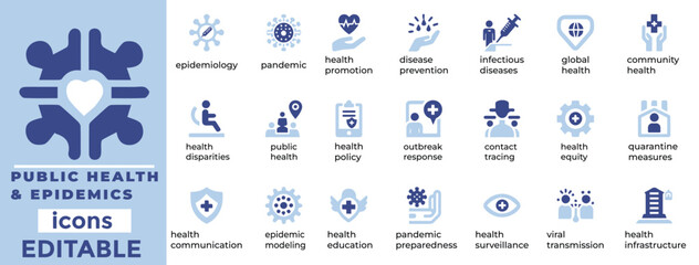 Public Health and Epidemics vector icons are perfect for medical, awareness, and safety designs. High quality and editable