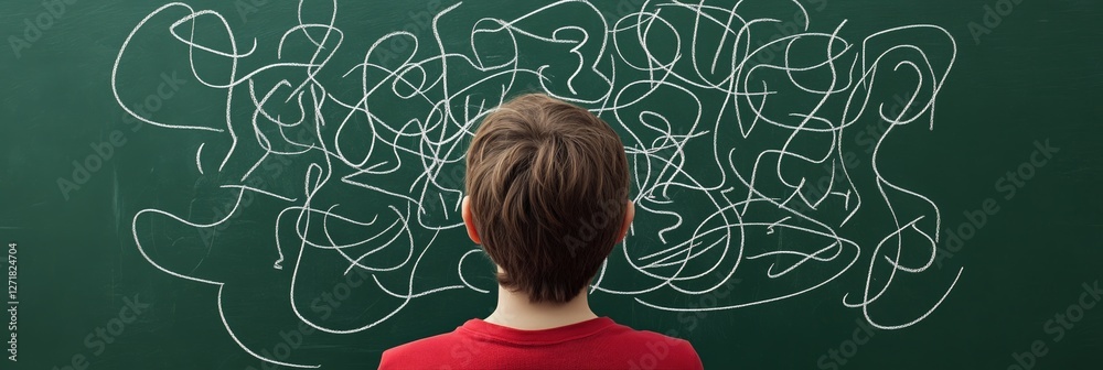 Poster Rear view of young student looking at messy lines drawn on a chalkboard, representing the difficulty of choosing a career path and the fear of better options