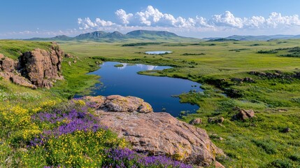 Scenic mountain lake, wildflowers, summer landscape, travel