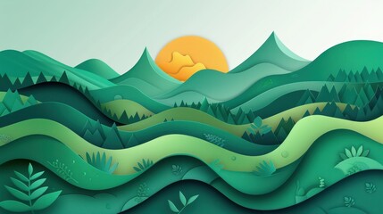 Obraz premium Serene landscape of layered green hills with a vibrant sun rising behind distant mountains