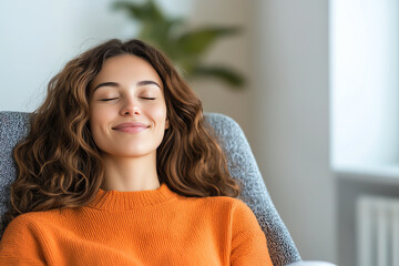 Naklejka premium young woman with curly hair relaxes in modern chair at home, enjoying peaceful moment. Her smile reflects contentment and tranquility in bright, cozy environment