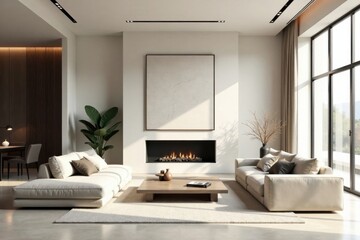 Fototapeta premium Modern minimalist living room with neutral tones, fireplace, and large window showcasing sunlight